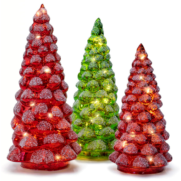 Red Co. Set of 3 (9”, 8”, 7”) Glass Light-Up Decorative Tabletop Christmas Tree Holiday Figurine with LED Lights, Festive Red & Green