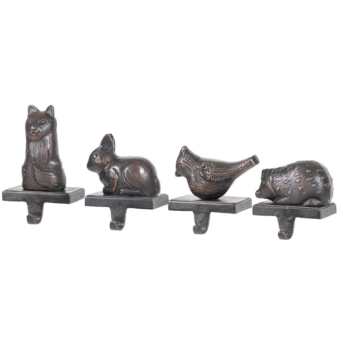 Red Co. Set of 4 Decorative 5" to 8" Cast Iron Stocking Holders with Hook, Old Bronze β Christmas Animals