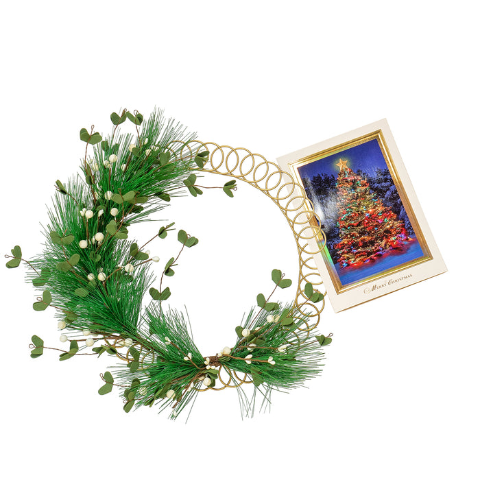 Red Co. 13.5β Decorative Golden Metal Spiral Christmas Card Holder Wreath with Evergreen Pine and White Berries