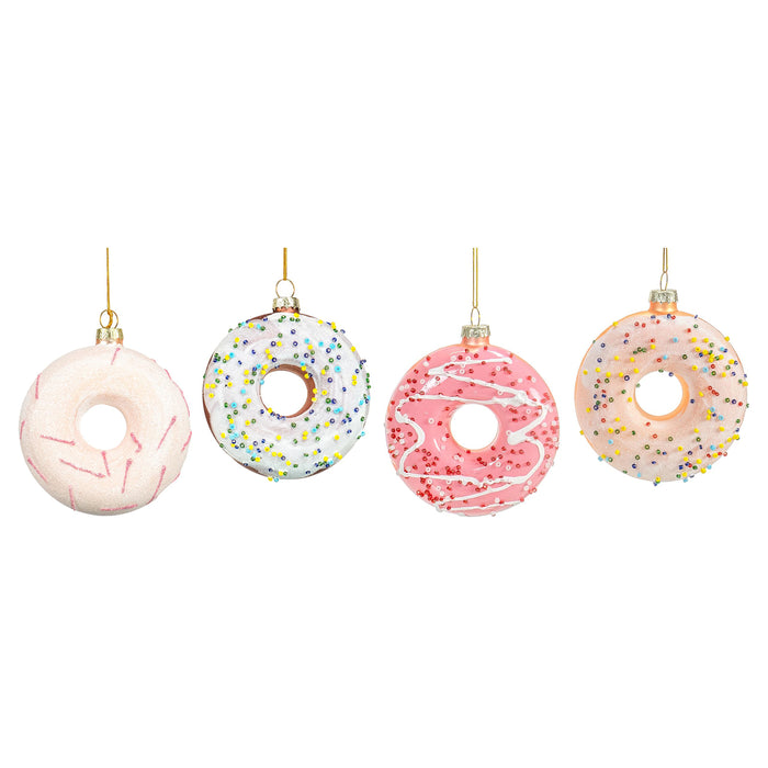 Red Co. Set of 4 Assorted Donuts 3.5β Small Decorative Glass Hanging Christmas Tree Ornaments