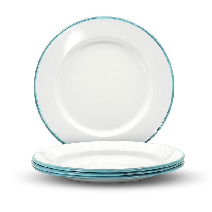 Red Co. Set of 4 Enamelware Metal Classic 10" Round Dinner Plate, Solid White/Color Rim