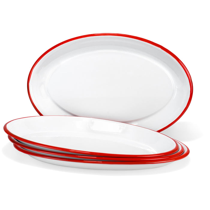 Red Co. Set of 4 Enamelware Metal Classic 13" Serving Oval Tray Platter, Solid White/Painted Rim
