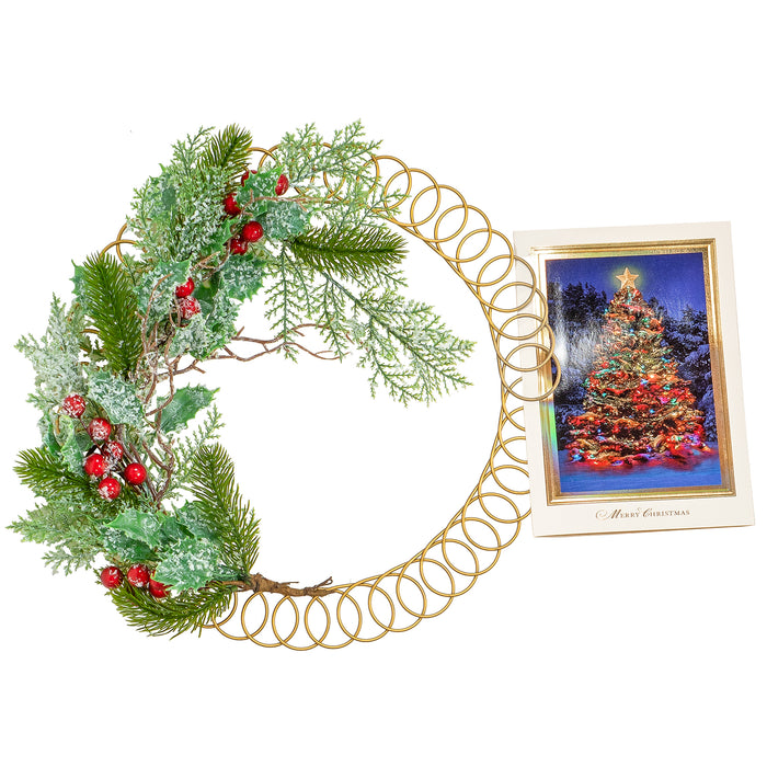 Red Co. 13.5β Decorative Golden Metal Spiral Christmas Card Holder Wreath with Snow Flecked Pine and Red Berries