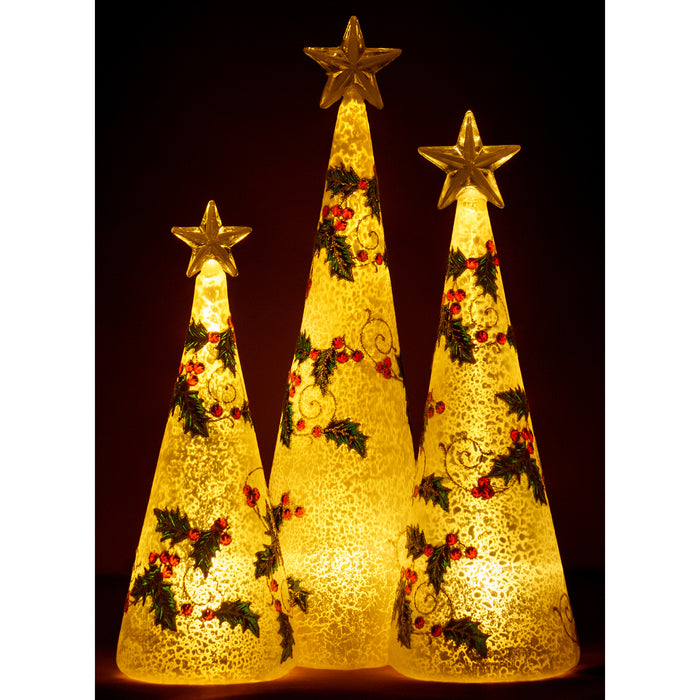 Red Co. Glass Christmas Tree Figurine Ornaments with LED Lights, Light-Up Holiday Season Décor Holly Berry in Silver Set of 3 Sizes, 11 Inch, 9.5 Inch and 8 Inch