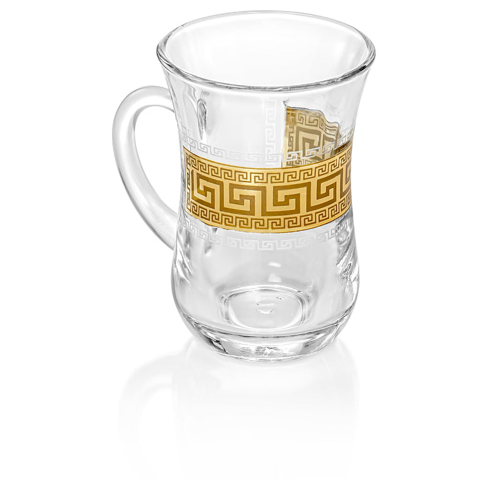 Red Co. Set of 6 Decorated Clear Glass 5 Fl Oz Turkish Tea Cups with Golden Greek Key Pattern and Handle