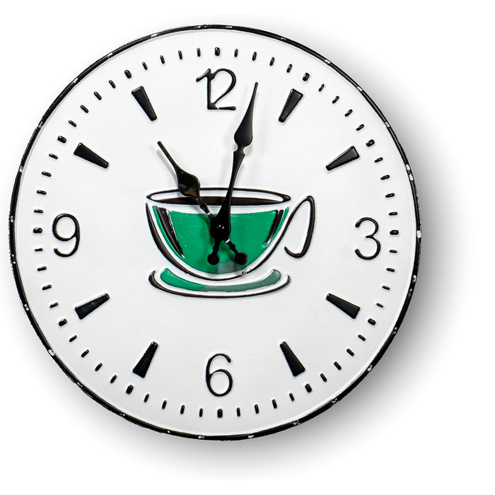 Red Co. 12.5β Round Metal Wall Clock with Embossed Coffee Cup Print, White/Black Rim