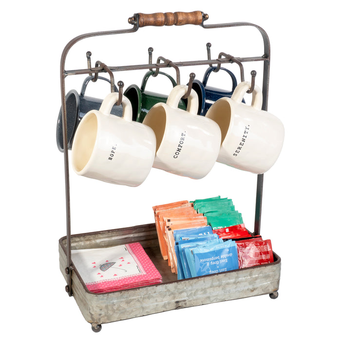 Red Co. 17β Tall Galvanized Metal Tabletop Mug Rack with 6 Hooks & Organizer Tray for Coffee, Tea, Sugar