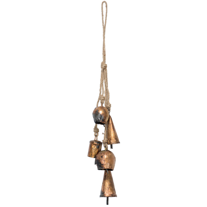 Red Co. 18” Decorative Hanging Bell Cluster Wind Chime in Antique Gold Finish with Jute Rope