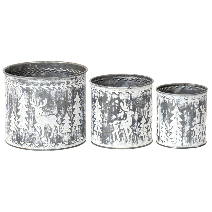 Red Co. Round Whitewash Galvanized Metal Mini Flower Planter Pot Bucket, Embossed Tree & Deer β Set of 3 Sizes