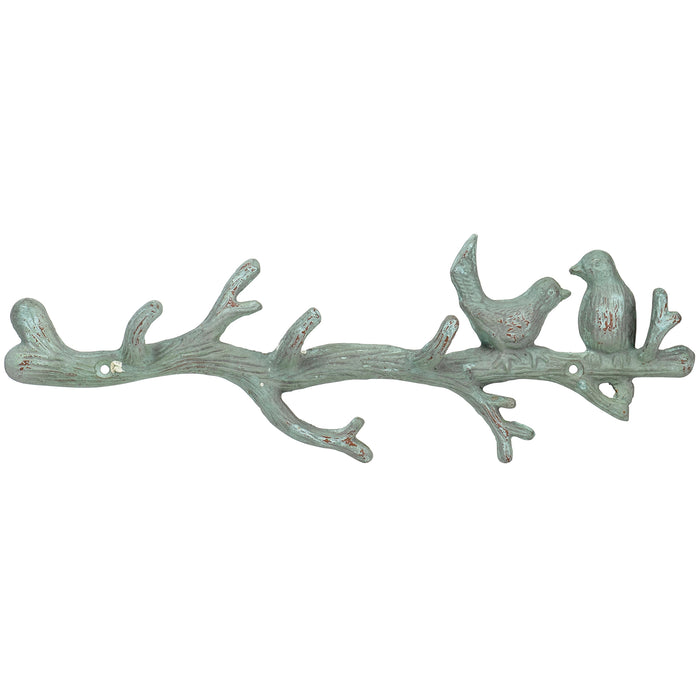 Red Co. Large Decorative Boho Style Verdigris Metal Wall Hanging Hook Rack for Coats, Hats, Keys, Towels, Clothes β Birds on Branch β 16.75 Inches