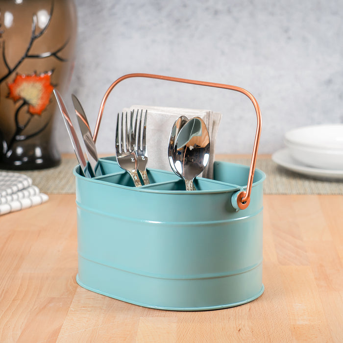 Red Co. 10" x 7" Enameled Metal Utensil Caddy & Countertop Flatware Organizer with Handle, Teal Blue/Rose Gold