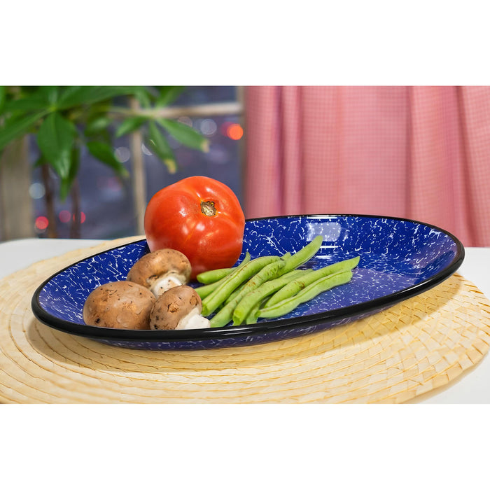 Red Co. Enamelware Metal Classic 13" Serving Oval Tray Platter, Navy Blue Marble/Black Rim - Splatter Design