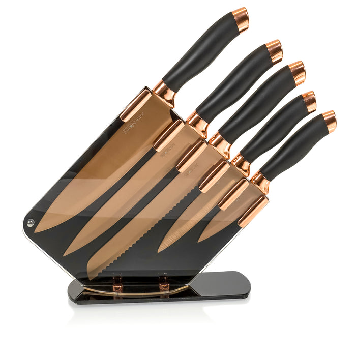 Red Co. 6-Piece Stainless Steel Kitchen Knife Set with Acrylic Base Stand, Rose Gold/Black