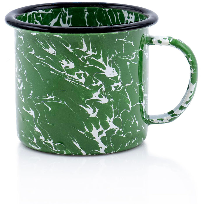 Red Co. Set of 6 Enamelware Metal Medium Classic 12 Oz Round Coffee and Tea Mug with Handle, Dark Green Marble/Black Rim – Splatter Design