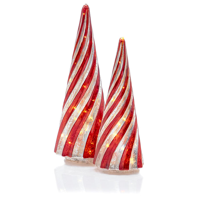 Red Co. Set of 2 (12.5” and 10”) Glass Light-Up Decorative Tabletop Christmas Tree Holiday Figurine with LED Lights, Festive Red & Silver Swirls