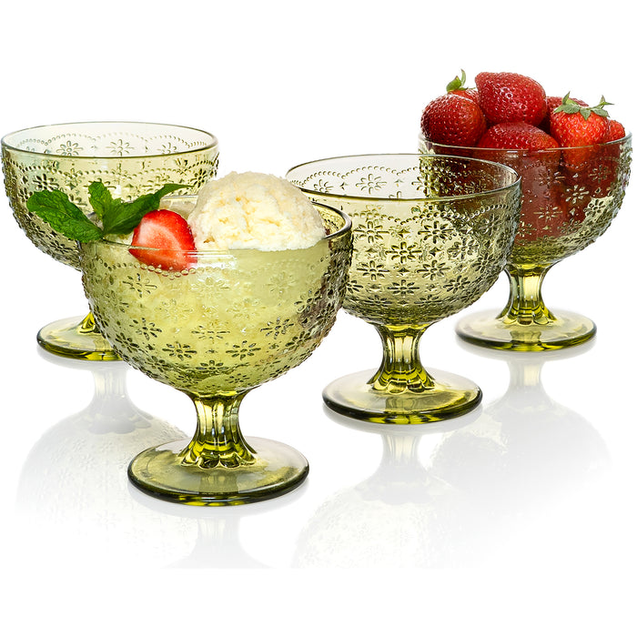 Red Co. Set of 4 Vintage 10.8 Fl Oz Flower Embossed Glass Footed Ice Cream Bowls in Solid Green