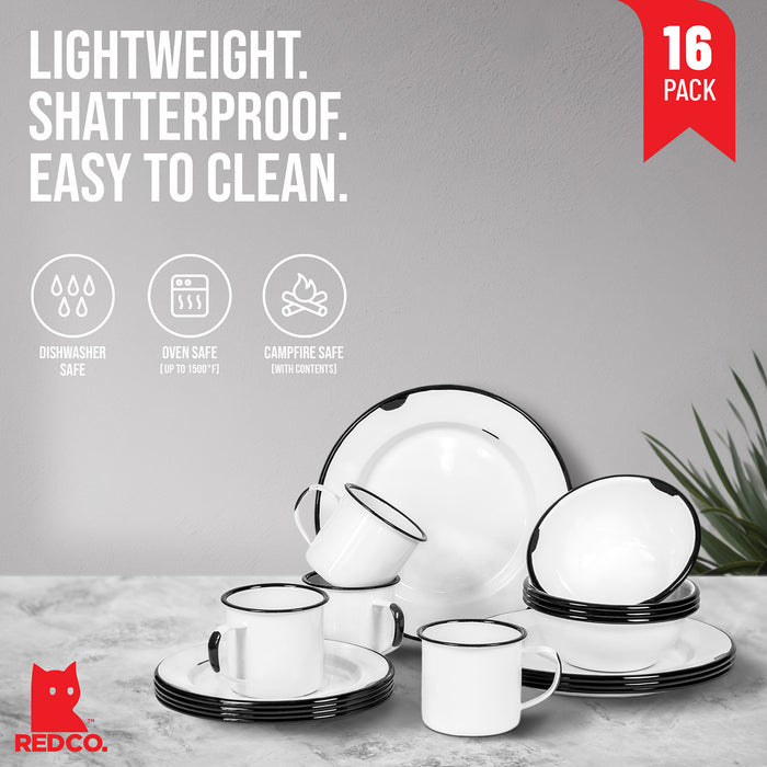 Red Co. 16-Piece Enamelware Metal Dinnerware Set for 4, Distressed White/Black Rim
