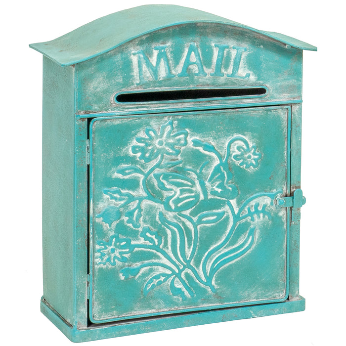 Red Co. 10” x 12.5” Farmhouse Mail Embossed Tin Metal Wall Mount Mailbox, Country Rustic Décor, Distressed Teal Blue