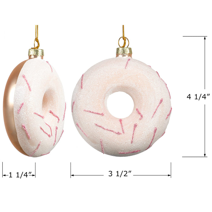 Red Co. Set of 4 Assorted Donuts 3.5” Small Decorative Glass Hanging Christmas Tree Ornaments