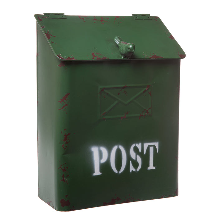 Red Co. 9.75” x 13” Country Cottage Wall-Mount Metal Post & Mail Box with Bird, Distressed Green