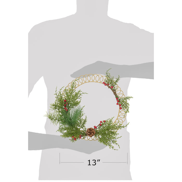 Red Co. 13.5” Decorative Golden Metal Spiral Christmas Card Holder Wreath with Evergreen Pine and Red Berries