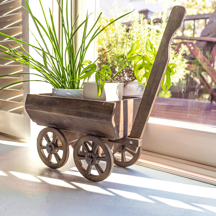 Red Co. 17" Decorative Rustic Rubberwood Wheel Cart Planter & Floor Plant Stand, Distressed Brown