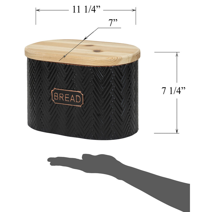 Red Co. 11.25” x 7.25” Pre-Labeled Metal Embossed Bread Container Box with Wooden Lid, Black