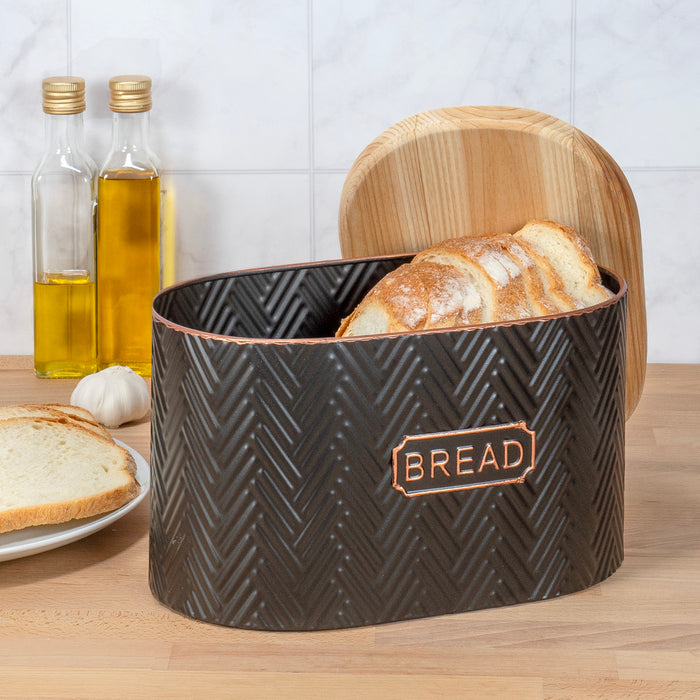 Red Co. 11.25” x 7.25” Pre-Labeled Metal Embossed Bread Container Box with Wooden Lid, Black