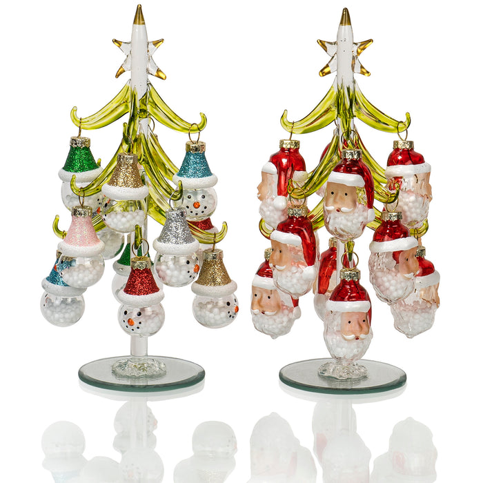 Red Co. Set of 2 Green Glass 8" Christmas Tree Tabletop Display Decorations with 12 Santa & Snowmen Ornaments