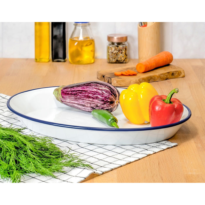 Red Co. Oven Safe Enamelware Metal Classic 16.5” Serving Oval Tray Platter, Solid White/Navy Blue Rim