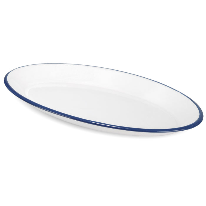 Red Co. Set of 4 Enamelware Metal Classic 13" Serving Oval Tray Platter, Solid White/Navy Blue Rim