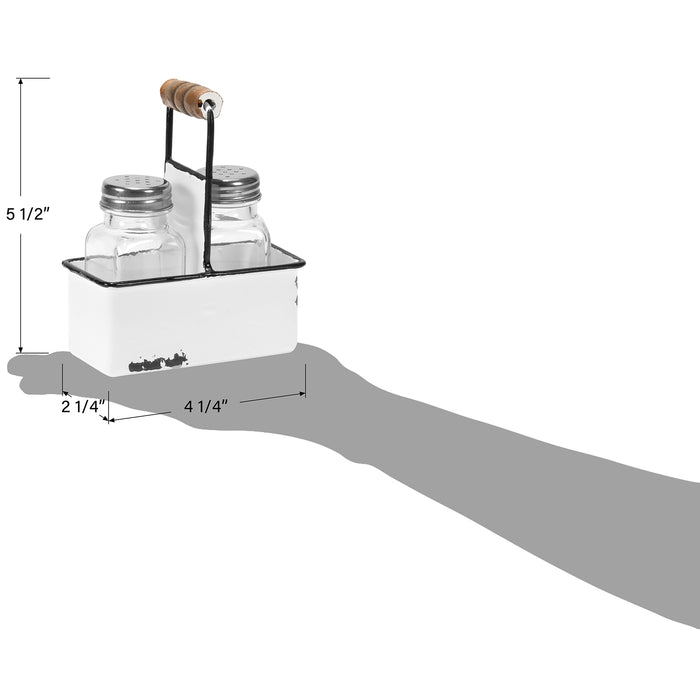 Red Co. Glass Salt & Pepper Shakers in Enamelware Metal Carrying Caddy with Wooden Handle, White/Black Rim