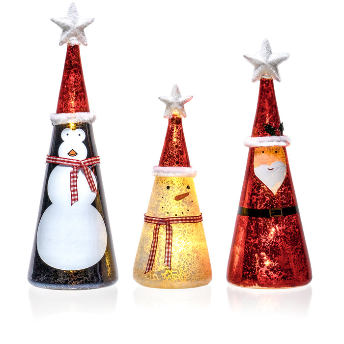 Red Co. 11”, 9.5”, 8” Light-Up Glass Christmas Tabletop Display Figurines, Set of 3 – Snowman, Santa, Penguin