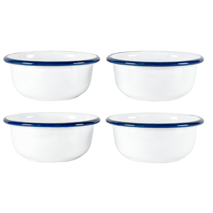 Red Co. Set of 4 Enamelware Metal 7 oz Mini Ice Cream Bowls, Solid White/Navy Blue Rim