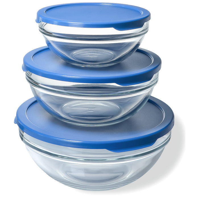 Red Co. Set of 3 Round Glass Food Storage Bowl Containers with Blue Lids – 7-Cup, 4.75-Cup, 2.5-Cup