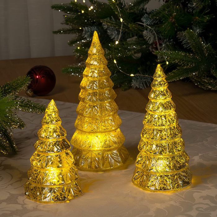 Red Co. 9”, 7.5”, 6” Light-Up Glass Christmas Tree Tabletop Display Figurine Set of 3 Sizes, Mercury Gold