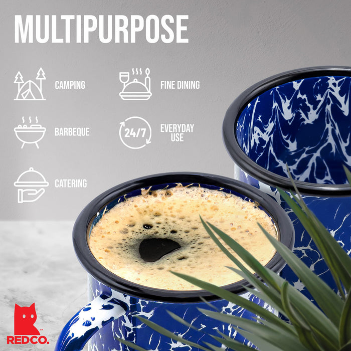 Red Co. Set of 6 Enamelware Metal Medium Classic 12 Oz Round Coffee/Tea Mug with Handle, Navy Blue Marble/Black Rim – Splatter Design