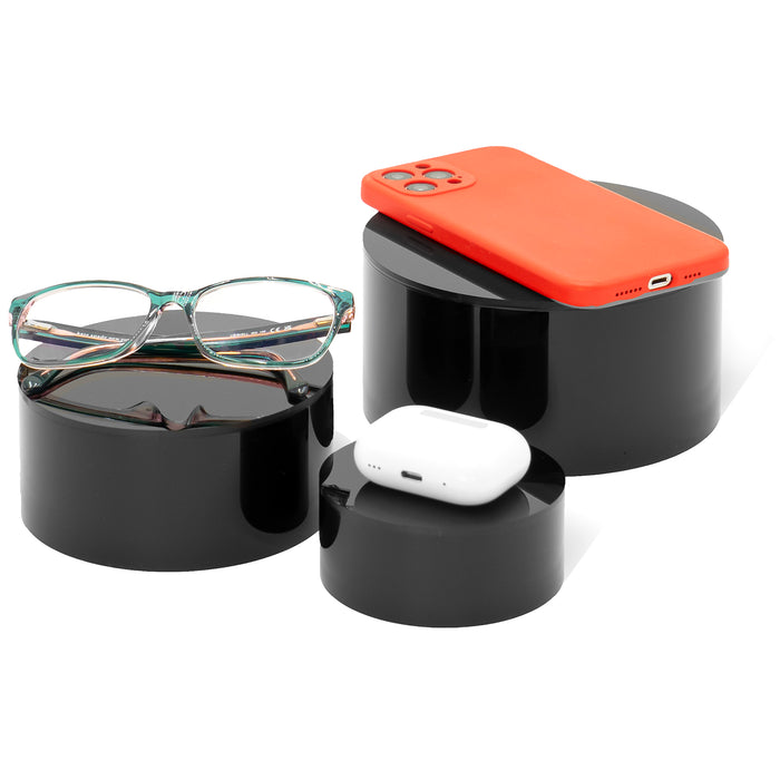 Red Co. Set of 3 Sizes (6", 5", 4") Acrylic Round Cylinder Display Nesting Riser Stands with Hollow Bottoms, Glossy Black
