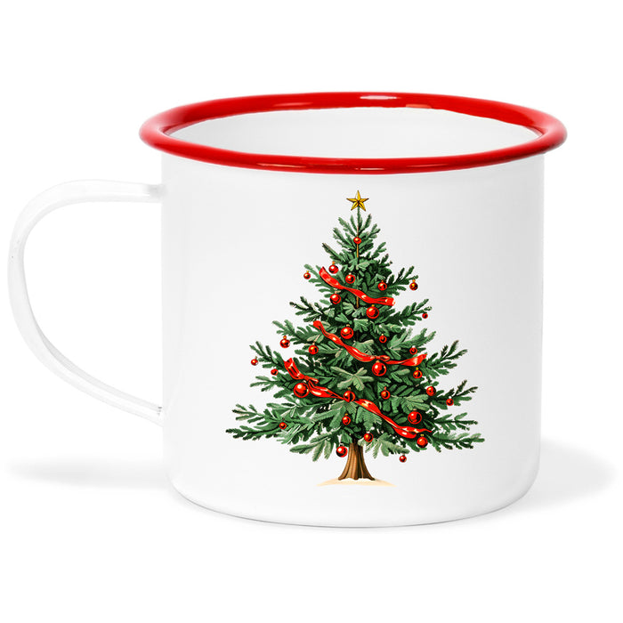 Red Co. Set of 4 Enamelware Metal Medium 12 Fl Oz Coffee Mug with Handle, Solid White/Red Rim – Christmas Tree