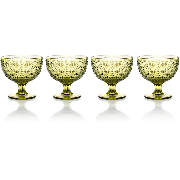 Red Co. Set of 4 Vintage 10.8 Fl Oz Flower Embossed Glass Footed Ice Cream Bowls in Solid Green