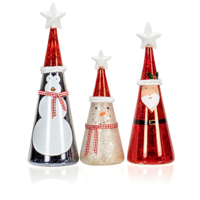 Red Co. 11”, 9.5”, 8” Light-Up Glass Christmas Tabletop Display Figurines, Set of 3 – Snowman, Santa, Penguin