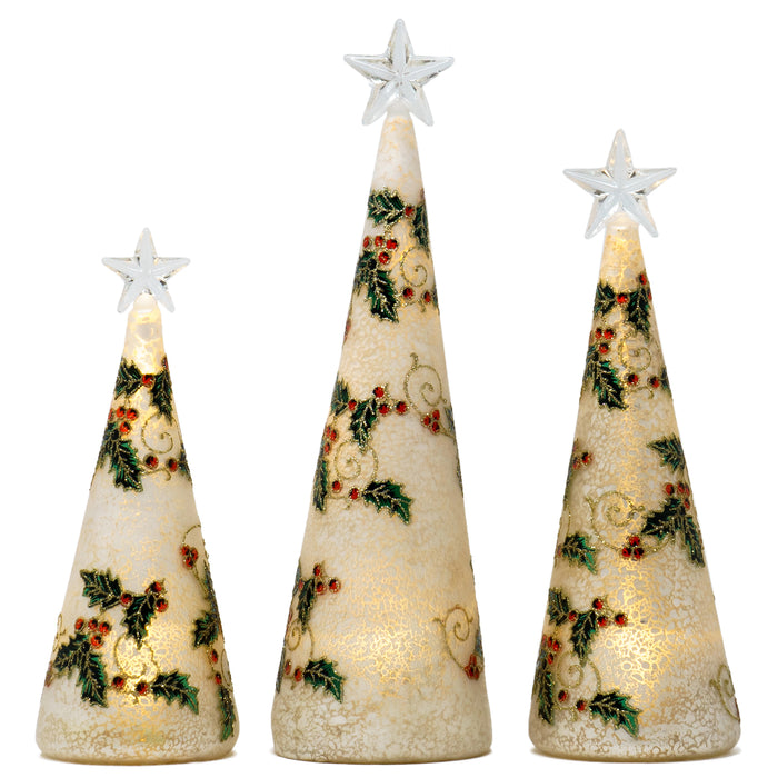 Red Co. Glass Christmas Tree Figurine Ornaments with LED Lights, Light-Up Holiday Season Décor  Holly Berry in Silver  Set of 3 Sizes, 11 Inch, 9.5 Inch and 8 Inch