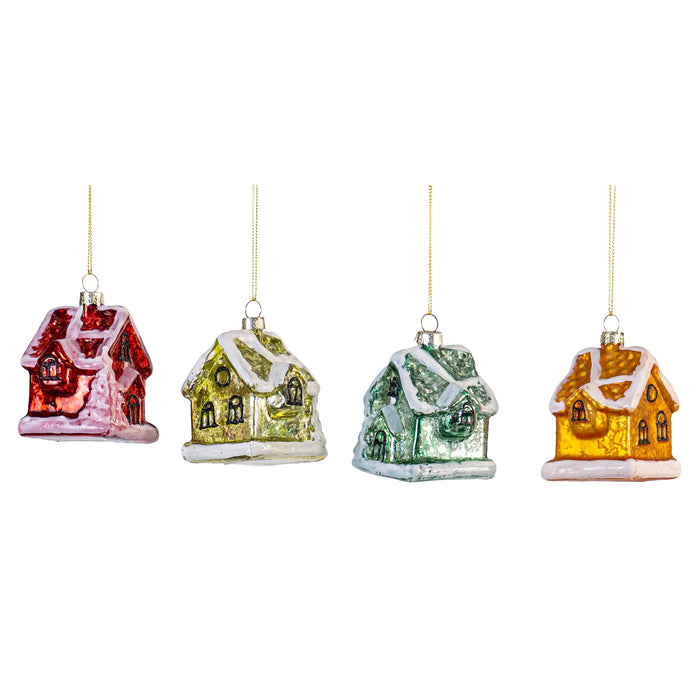 Red Co. Set of 4 Mini Decorative 3” Christmas Tree Glass Ornaments, Assorted Snowed Houses
