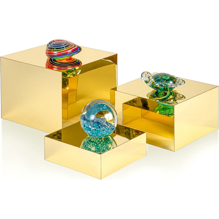 Red Co. Set of 3 Glossy Gold Acrylic Cube Display Nesting Risers with Hollow Bottoms