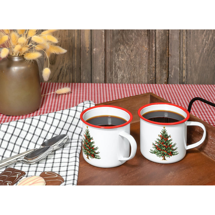 Red Co. Set of 4 Enamelware Metal Medium 12 Fl Oz Coffee Mug with Handle, Solid White/Red Rim – Christmas Tree