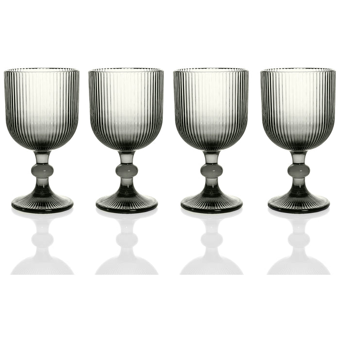 Red Co. Set of 4 Vintage 12 Fl Oz Ribbed Glass Stemmed Water Goblets in Solid Grey