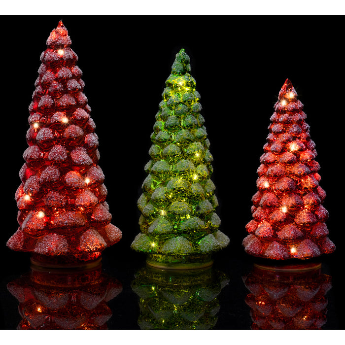 Red Co. Set of 3 (9”, 8”, 7”) Glass Light-Up Decorative Tabletop Christmas Tree Holiday Figurine with LED Lights, Festive Red & Green