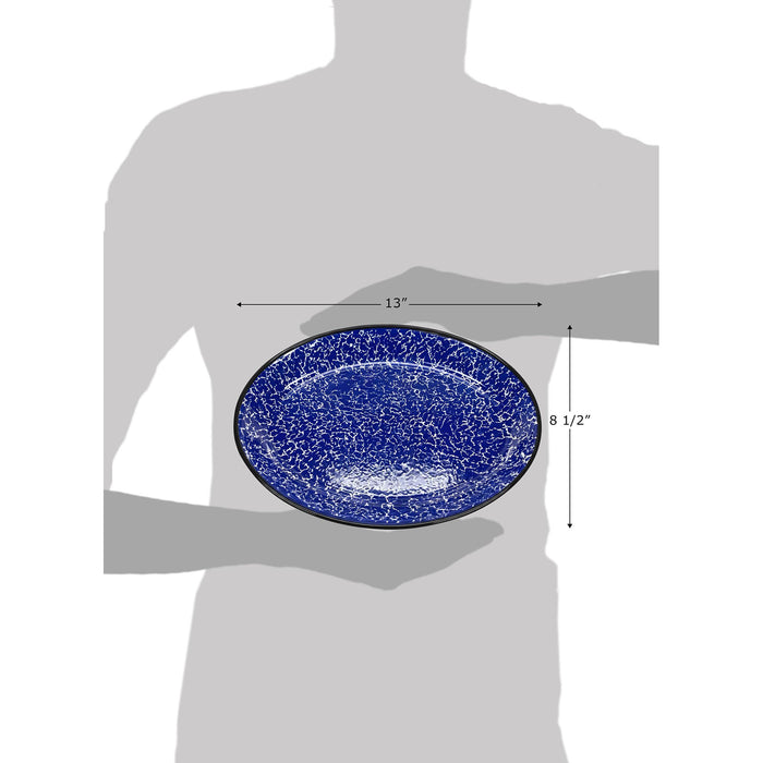 Red Co. Enamelware Metal Classic 13" Serving Oval Tray Platter, Navy Blue Marble/Black Rim - Splatter Design