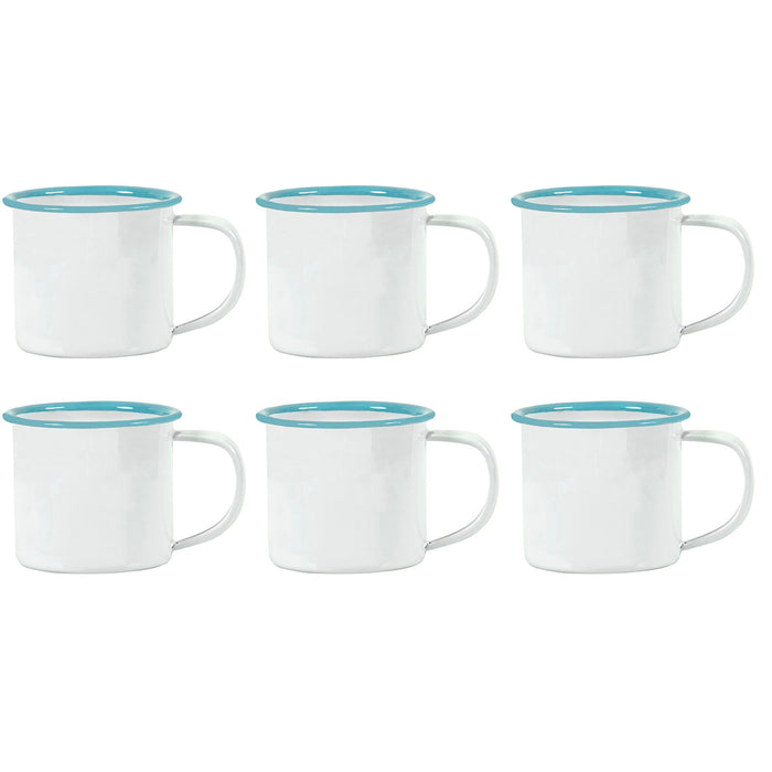 Red Co. Set of 6 Enamelware Metal Small Classic 5 Oz Round Coffee and Tea Mug with Handle, Solid White/Teal Rim