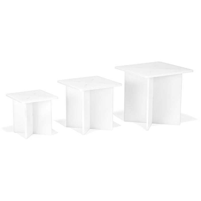 Red Co. Set of 3 Sizes (4”, 5”, 6”) Decorative Square Top Acrylic Cross Leg Pedestal Display Risers, White